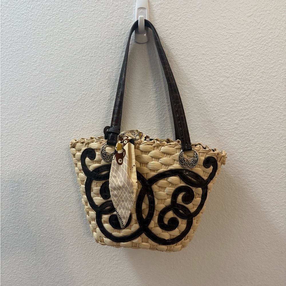 Brighton straw and leather handbag with black scroll pattern detail